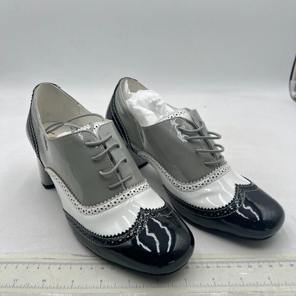 Black/Grey Closed Toe Lace Up Oxfords Perforated Stacked Low Heels Derby Pumps - Picture 3 of 7